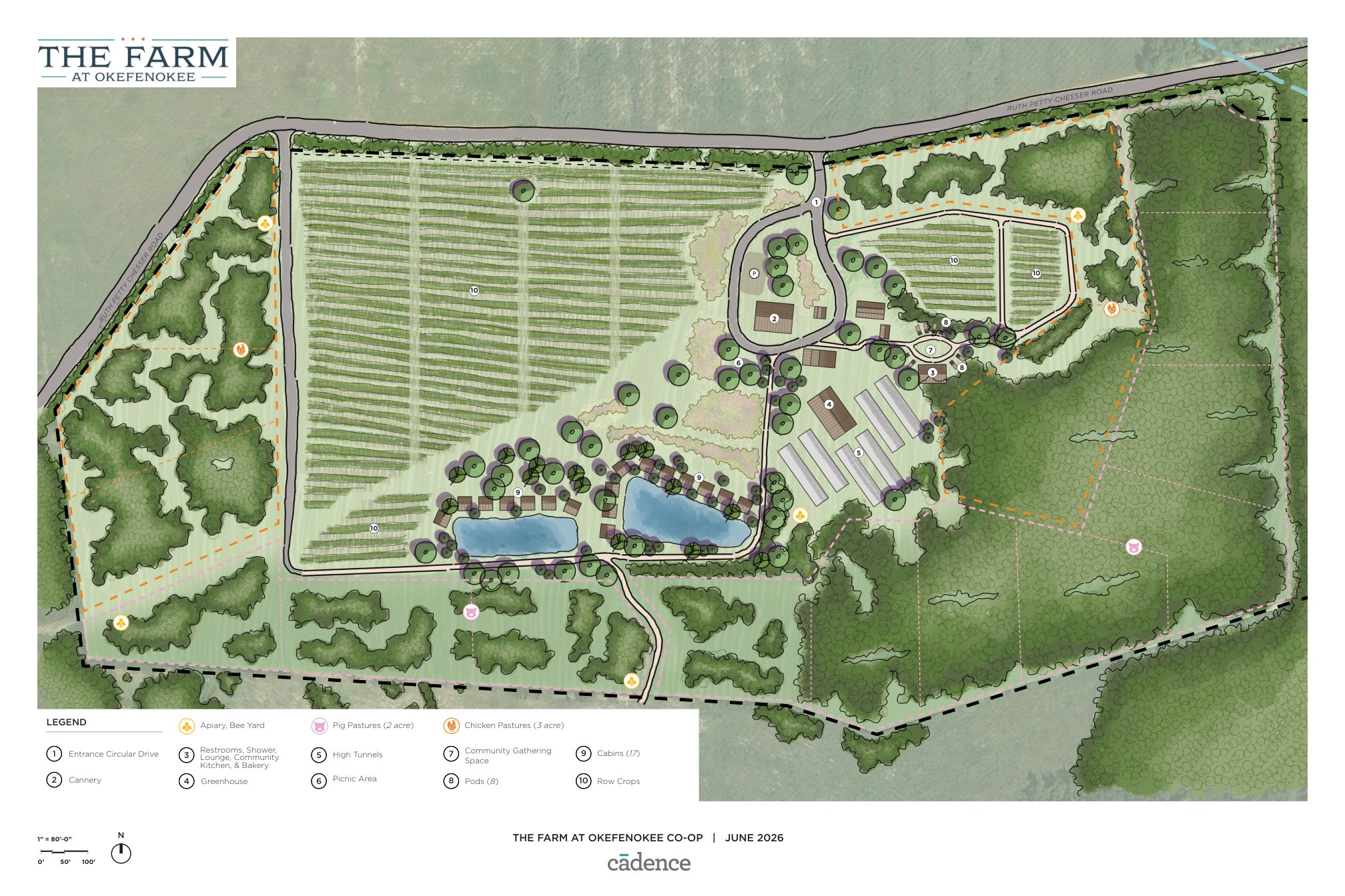 Concept master plan of the Trinity parcel at The Farm at Okefenokee, with a numbered legend for the entrance drive, cannery, community kitchen, greenhouse, high tunnels, picnic area, gathering space, pods, cabins and row crops