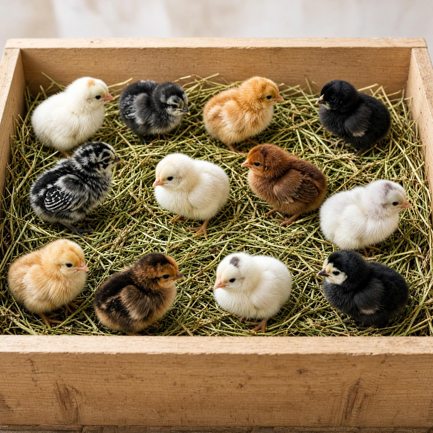 Baby chicks in a wooden crate