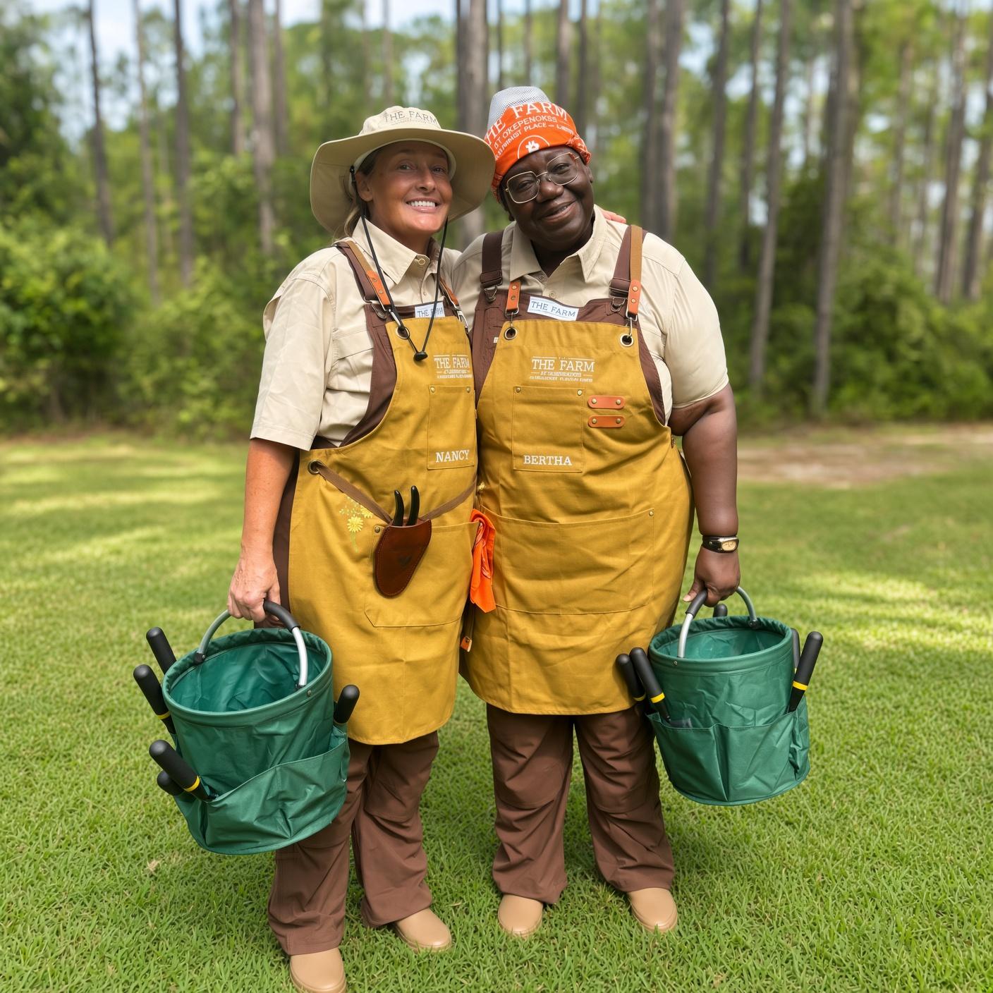 Nancy and Bertha in farm aprons with garden tool buckets