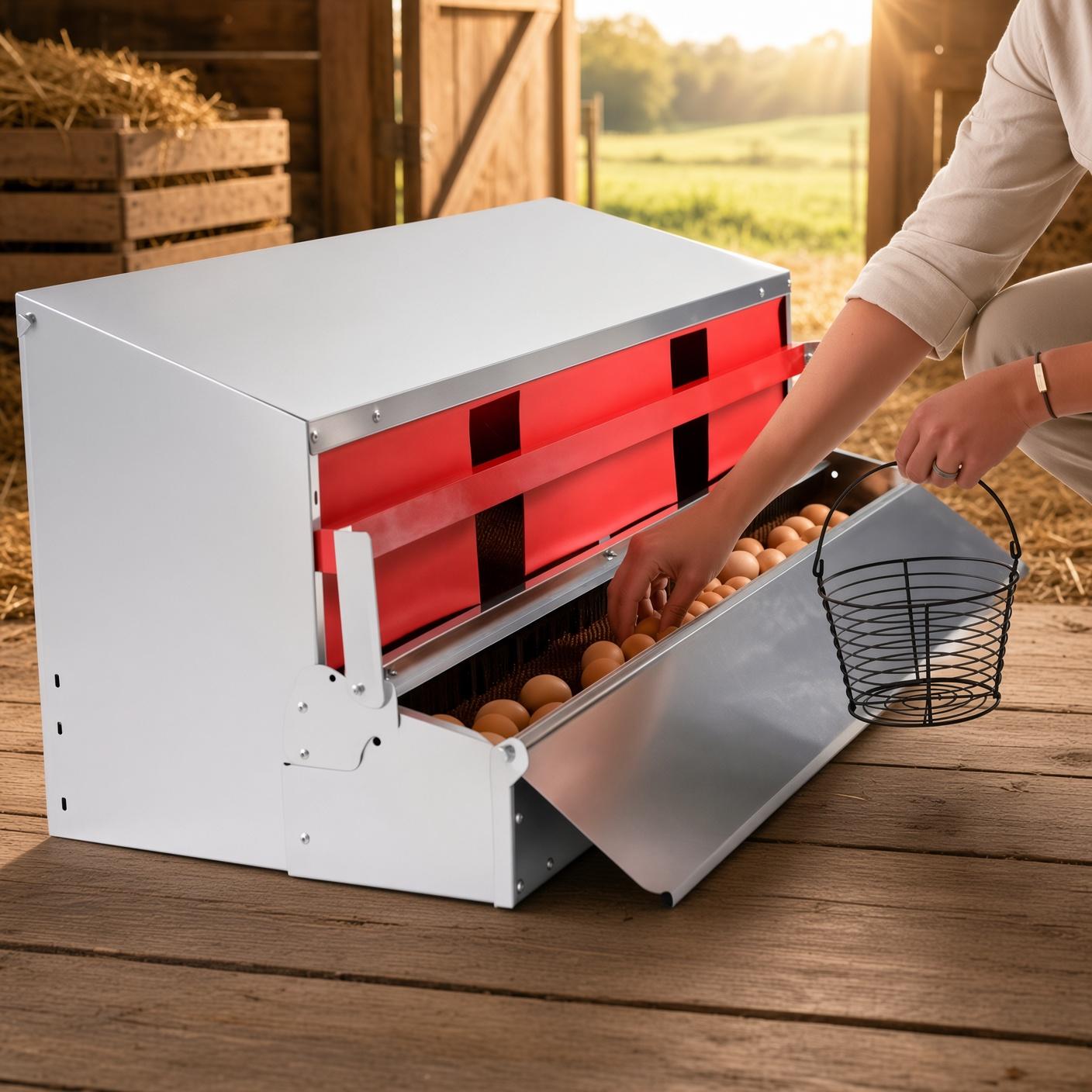 A roll-out nest box with eggs collected in the front tray