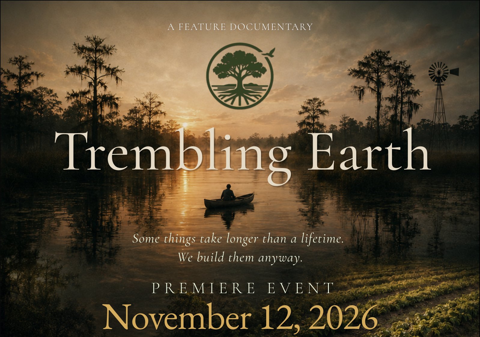 Trembling Earth key art: a canoe on still swamp water at dusk, cypress trees and a windmill on the horizon, premiere event November 12, 2026